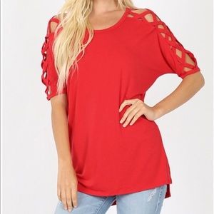 Zenana 2X ruby red tunic lattice shoulder NWOT